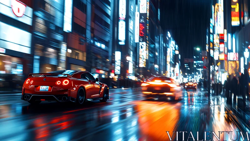Red sports car racing through neon city street at night.