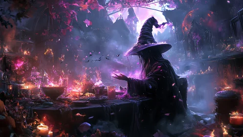 Enigmatic witch channels violet arcane energy in smoky atelier