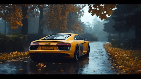 Yellow Audi R8 on wet autumn forest road, rear perspective.