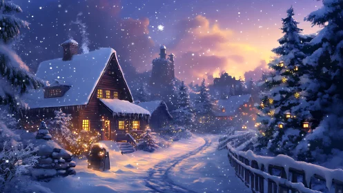 Digital painting of a snowy cottage lane at twilight glow.