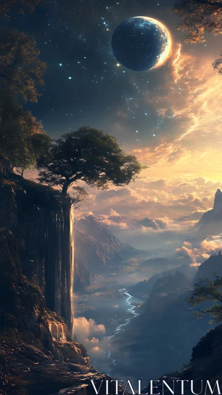 Celestial river valley beneath eclipsed planet at dusk.