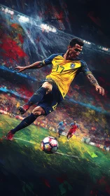 Soccer player strikes ball on pitch with vivid painted motion