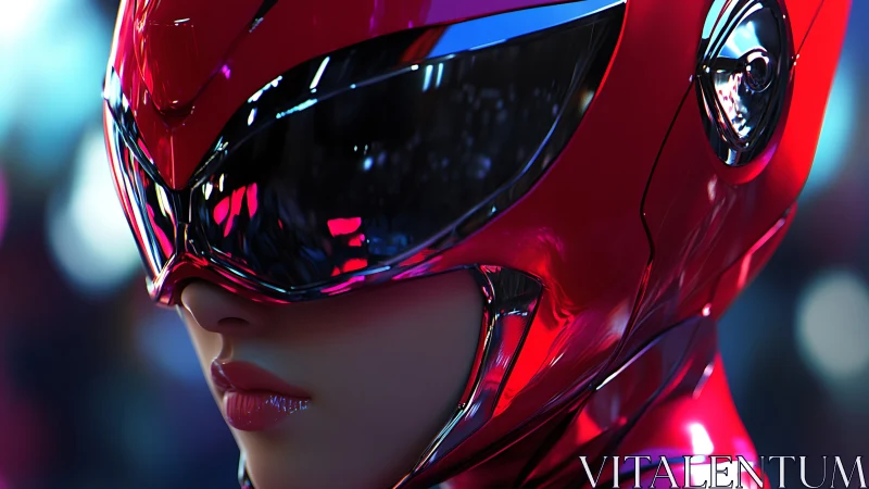 Neon street sentinel in mirror-bright crimson combat armor.