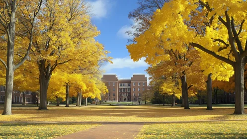Symmetrical campus quad framed by dense golden deciduous canopy