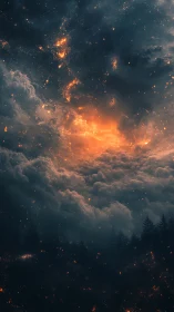Celestial Nebula Erupts Above Dark Forest Silhouette.