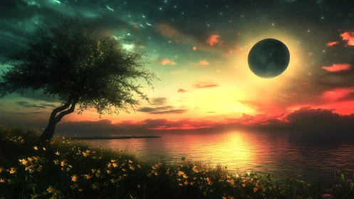 Tree and eclipse over reflective sea at vivid sunset