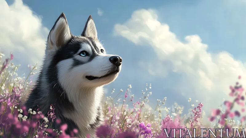 Husky daydreams beneath drifting clouds and wildflowers.