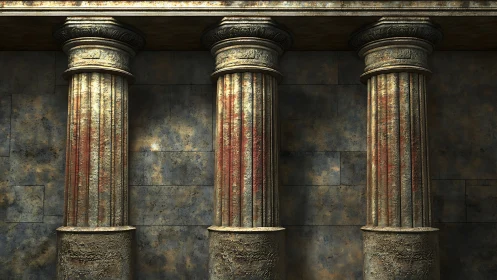 Weathered classical stone columns against mottled wall.