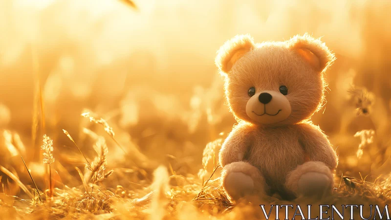Sunlit teddy bear sits gently in a warm golden meadow glow
