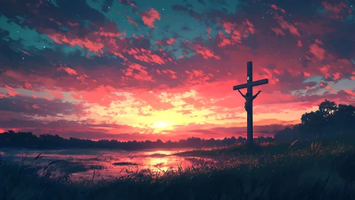 Crucifix silhouette against high-saturation sunset sky gradient