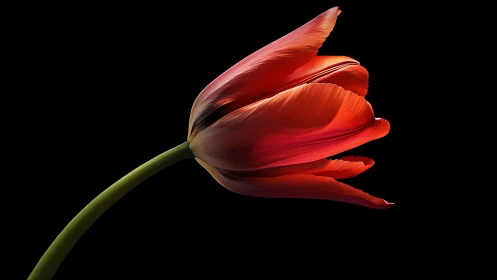 Red Tulip Against Black. Luminous petals unfold.