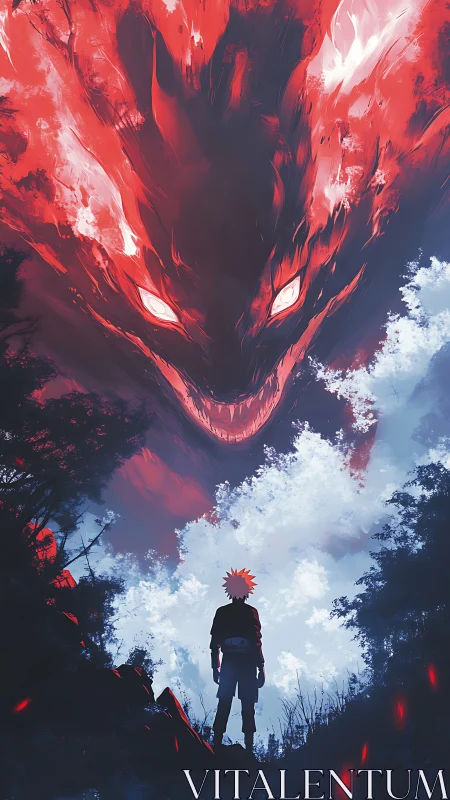 Infernal sky-beast confronting lone anime silhouette sentinel.