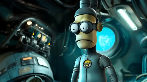 Cartoon robot worker stands in cramped sci fi control room.