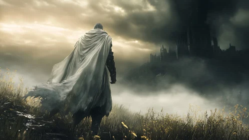 Lone cloaked warrior approaches a mist-shrouded dark citadel.