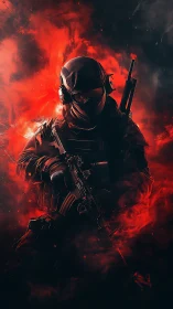 Armored tactical soldier emerges from blazing red inferno