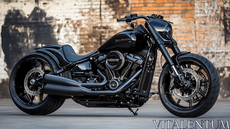 Custom black cruiser motorcycle against worn brick wall.