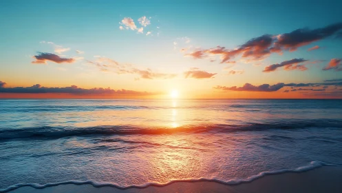 Sunlit horizon over tranquil ocean with reflective waves.