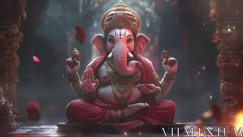 Digital painting of Ganesha in ornate temple mandala symmetry.