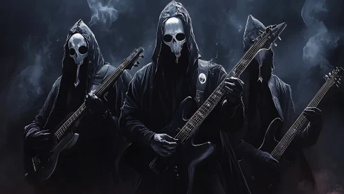 Hooded skull guitarists perform heavy metal on dark stage