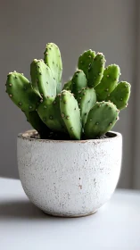 Potted prickly pear cactus stands in textured white ceramic pot