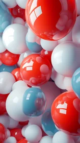 Clustered glossy spheres in red white and blue composition.