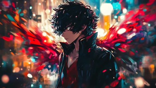 Brooding anime antihero with red spectral wings at night.