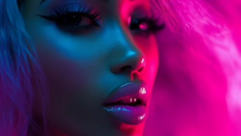 Neon rim-lit portrait isolates glossy lips under magenta cyan split
