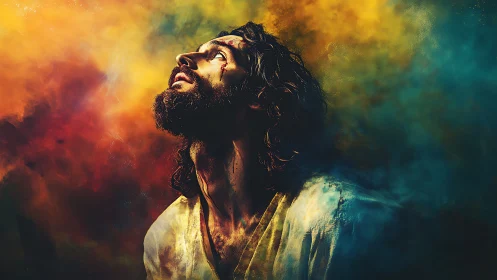 Bearded man in white tunic amid vivid colored smoke.