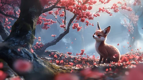 Young fox under blooming pink trees in misty terrain.