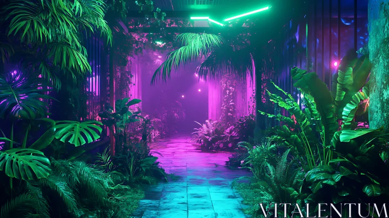 Neon rainforest corridor under vivid magenta green glow.