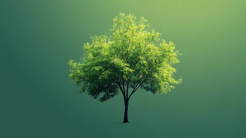 Lush Green Tree on Minimal Gradient Background, Digital Art Style.