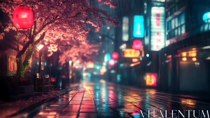 Gentle rain colors a lantern lit street under cherry blossoms