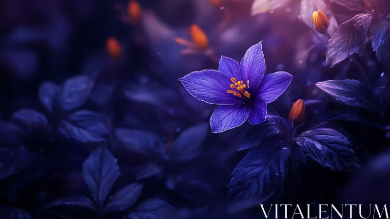 Luminous violet flower glows against deep indigo foliage