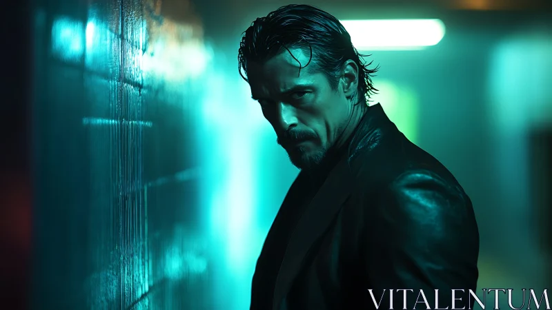 Brooding alleyway enforcer in teal neon vigilance mode.