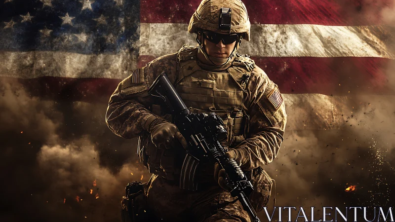 Modern soldier in combat gear before worn US flag backdrop.