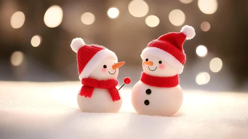 Cute stylized snowmen in red winter hats on fresh snow