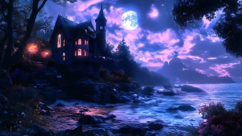 Moonlit shoreline house beside forest under vivid sky.