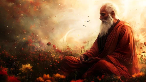 Elder monk meditates in blazing floral field at dawn.