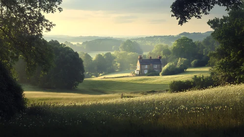 Country house rests in misty sunlit valley meadow.