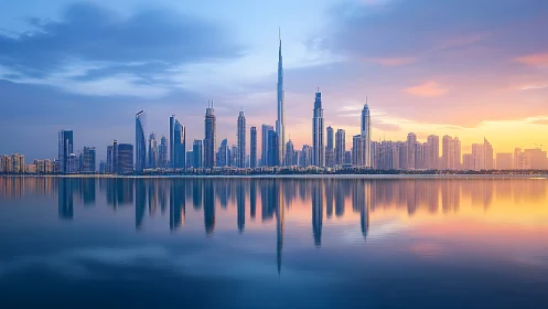 Modern skyline mirrors across tranquil water at sunrise.