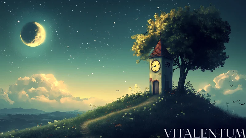 Clock tower on hill under crescent moon and star field.