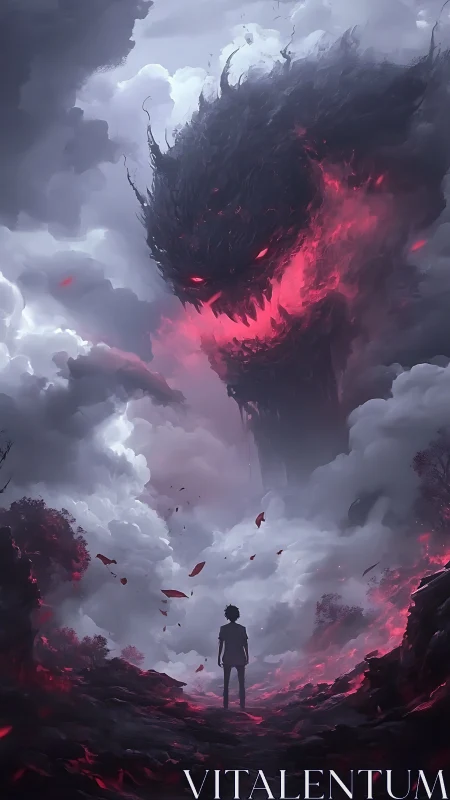 Silhouette observing large red-lit cloud entity overhead.