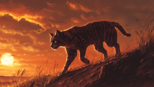 Dark wolf stands on ridge beneath blazing orange sunset sky