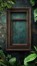 Nested wooden frames align against patinated teal wall with foliage