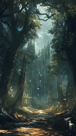 Cathedral ruins framed by ancient forest with ethereal light
