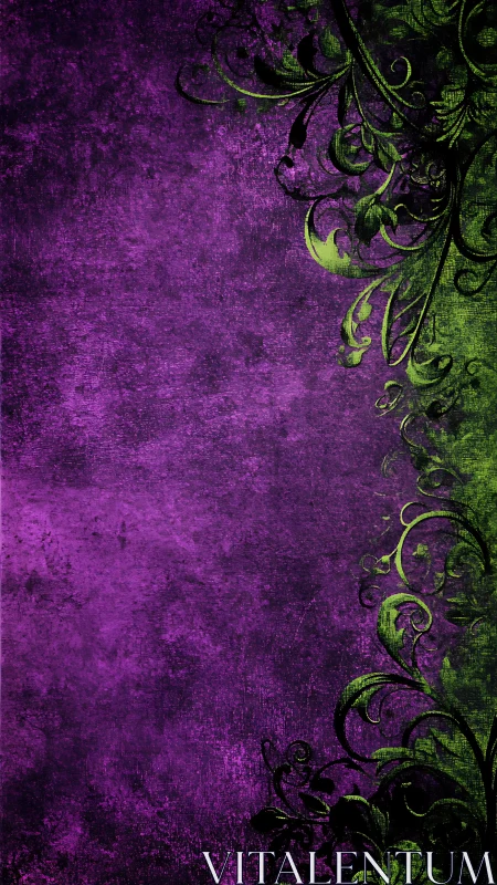 Grunge purple backdrop with green ornamental flourishes