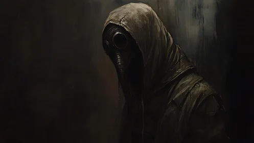 Shadowed wanderer in a plague mask pauses between worlds.