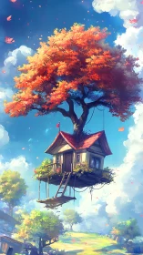 Floating treehouse cottage under radiant autumn canopy.