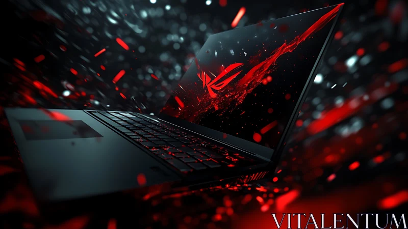 Cyberpunk gaming laptop render with dynamic red particle burst.