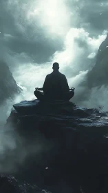 Solitary meditative silhouette on misty mountain precipice.